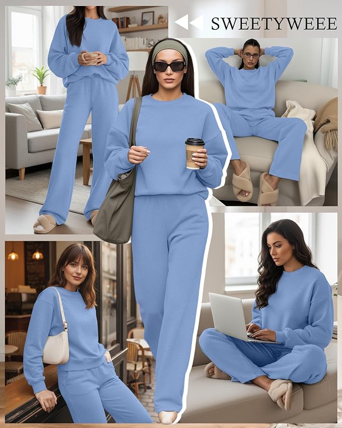 Sweetyweee Women's 2 Piece Outfits Set Fleece Lined Lounge Sweatsuit Crewneck Pullover Top Wide Leg Pants Casual Tracksuit