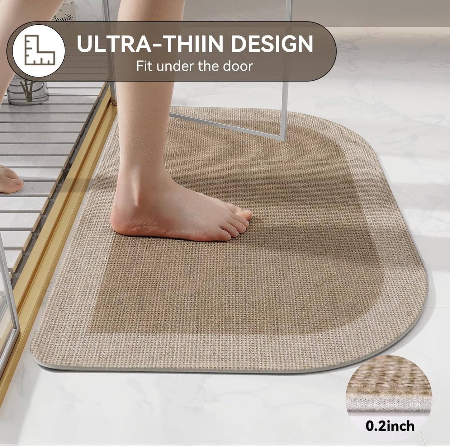 Half Circle Bath Mat,Thin Bathroom Rugs Fit Under Door Quick Dry Non Slip Washable Bathroom Mat with Rubber Backing,Absorbent Woven Half Round Shower Rug, Brown Beige 16x24