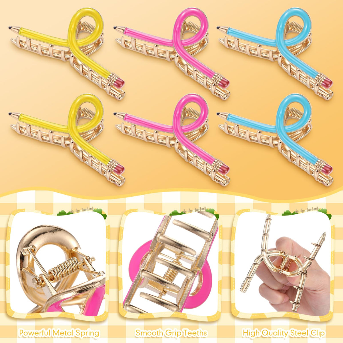 Giegxin 6 Pcs Pencil Hair Claw Clips for Women Cute Teacher Accessories Back to School Metal Barrettes for Thick or Thin Hair Te