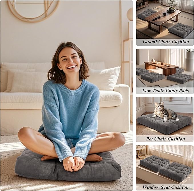 FlyGulls Meditation Floor Pillow 22×22 Inch 1 Pack Large Floor Cushions for Adults Square Tufted Corduroy Floor Pillows for Yoga Living Tatami Room Grey