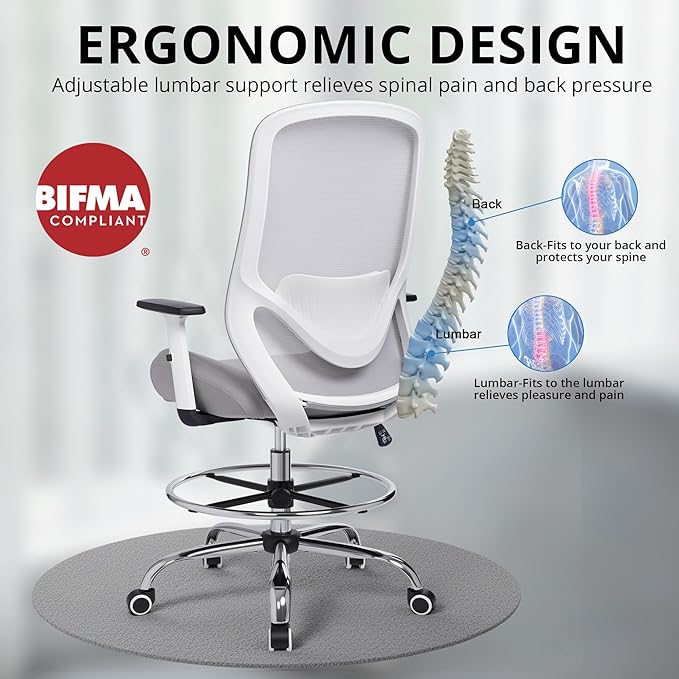 Heavy Duty Office Drafting Chair, High Back Ergonomic Chair,400Lbs Tall Office Chairs, Big and Tall Office Chair with Flip-up Armrest Lumbar Support and Footrest, Adjustable Counter Height Chairs