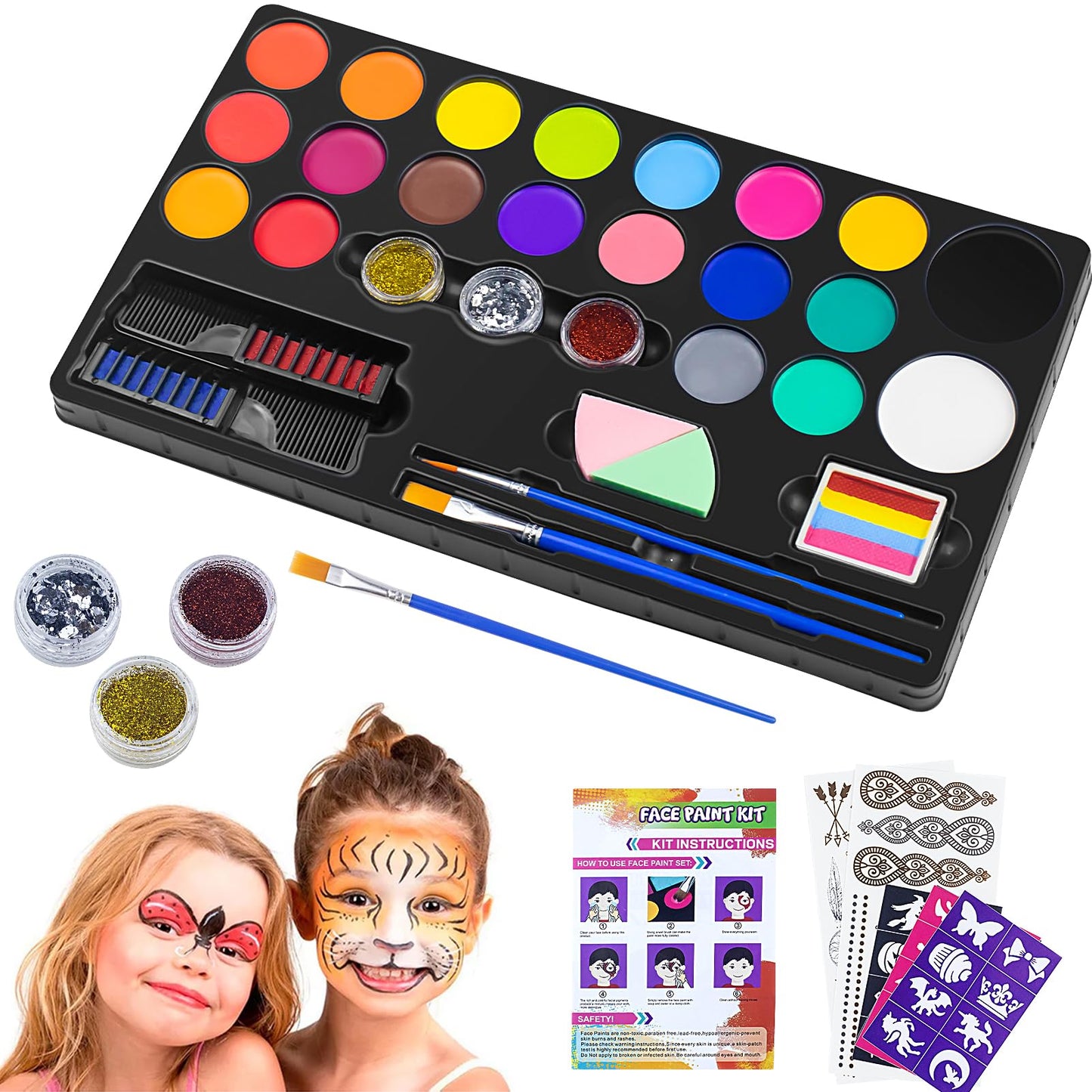 Face Painting Kit for Kids, 20 Colors Face Paint Kit With Brushes Stencils,Water Based Non-Toxic Hypoallergenic Professional Body Makeup Kit for Party Birthday Halloween