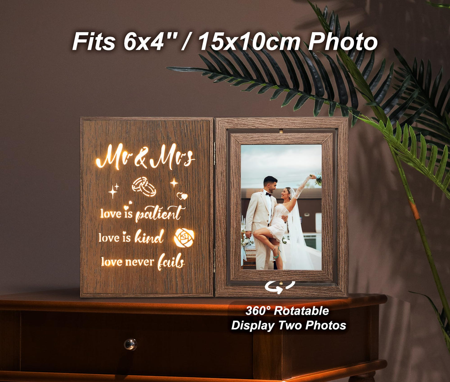 EYITUPC Light Up Wedding Picture Frame for Couples – Wooden Rotating Glowing 4x6 Double Photo Frame with MR & MRS Quote, Rustic Wedding Gifts for Newlyweds & Bridal Shower Gifts