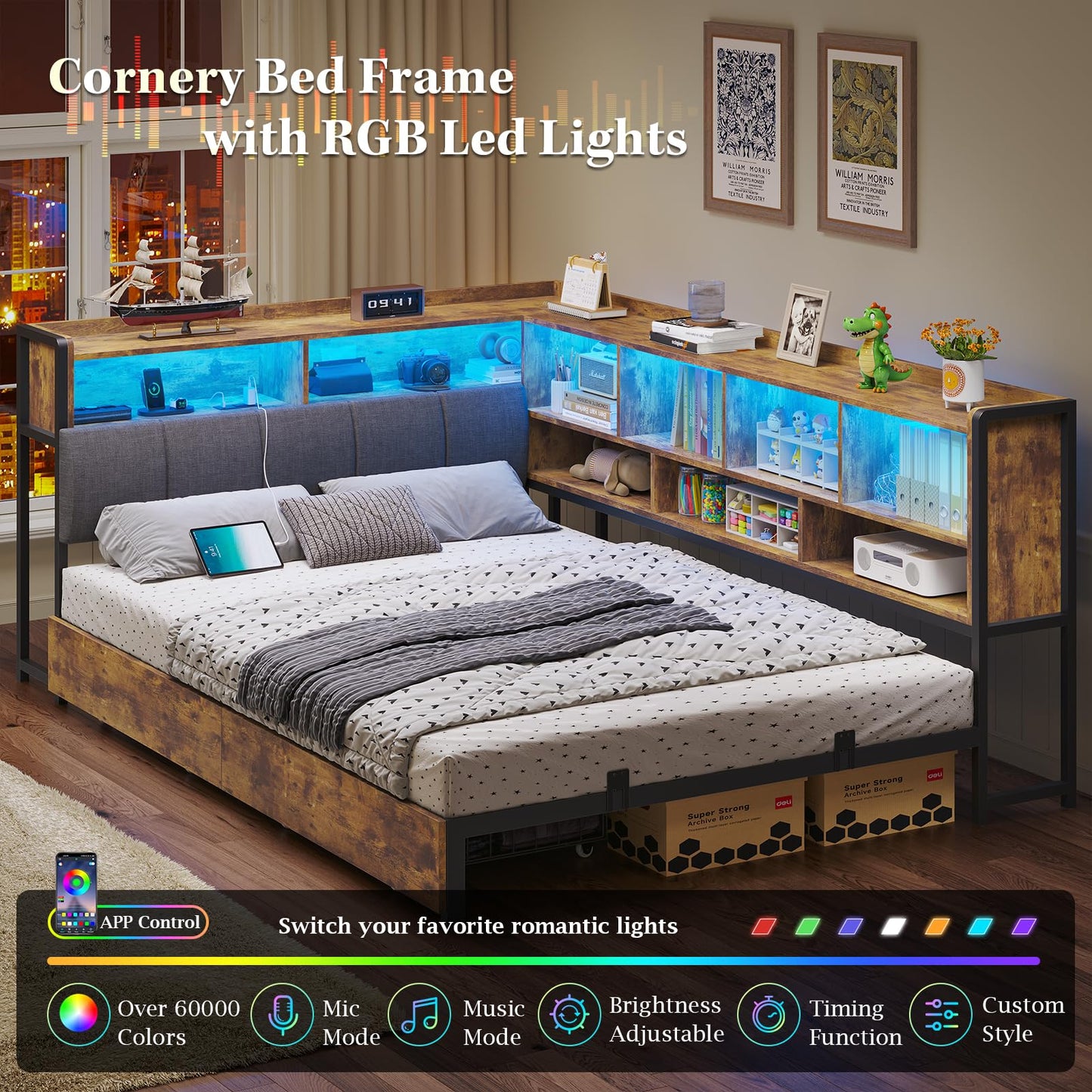 busyaeh Corner Bed with Storage Bookcase and LED Light,Corner Bed Frame with 2 Underneath Storage Drawers & Charging Station and Mattress Slide Stopper,Twin Bed Frames for Bedroom,Rustic Brown