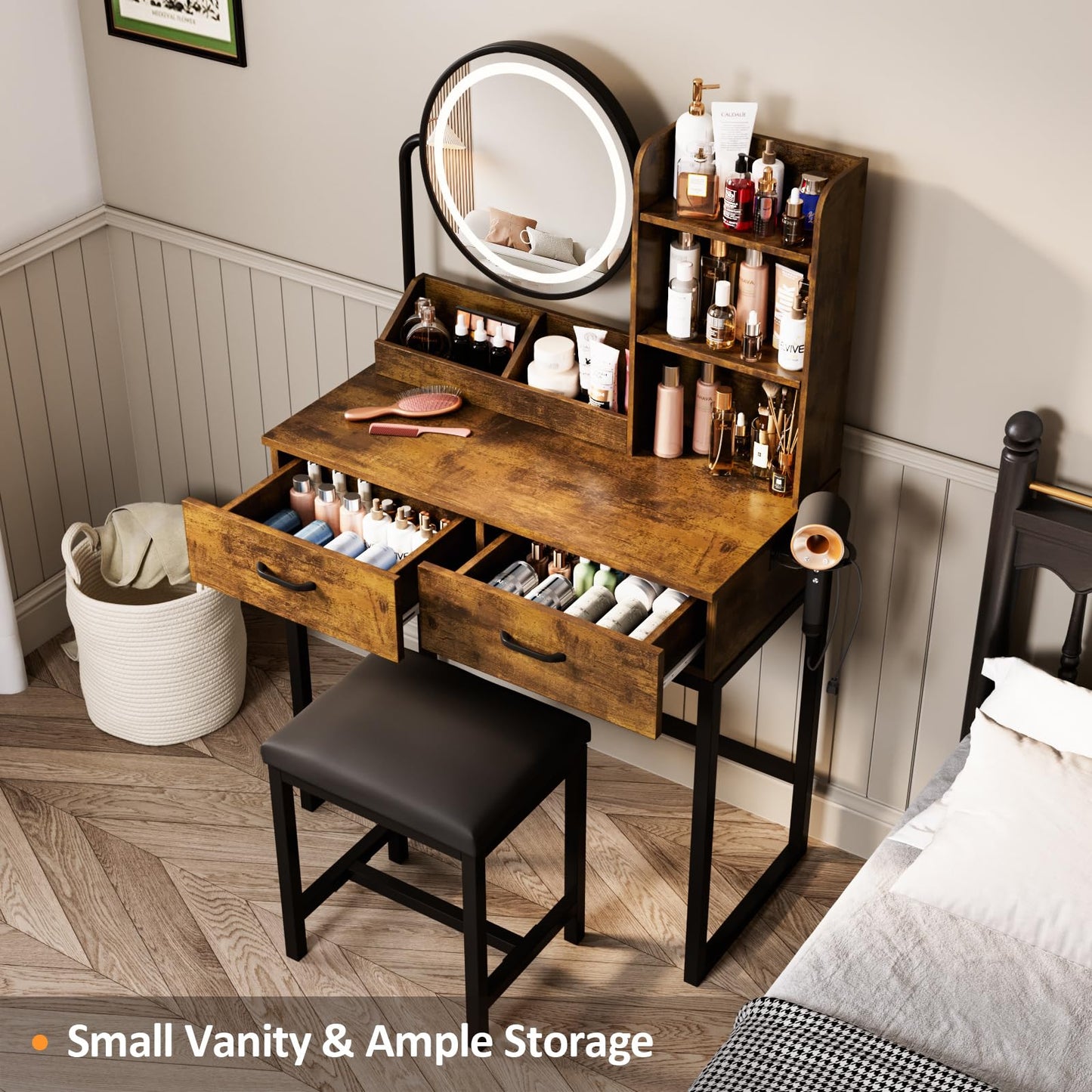 Makeup Vanity Desk with Round Mirror and Lights, White Vanity Makeup Table with 2 Drawers, Small Vanity Table for Bedroom with Lots Storage (Brown and Black, 15.75 * 31.5 * 53.6in)
