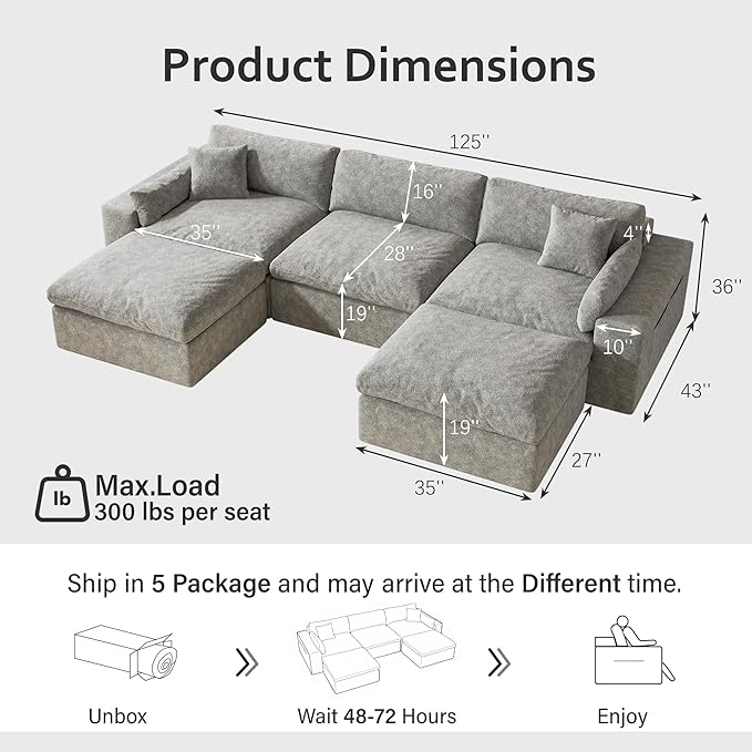 125'' Oversized Boneless Sectional Couches for Living Room, Deepseat Boneless Cloud Modular Sectional Sofa with Ottoman, No Assembly Required L-Shape Cloud Sofa, Plush Fabric, Light Gray