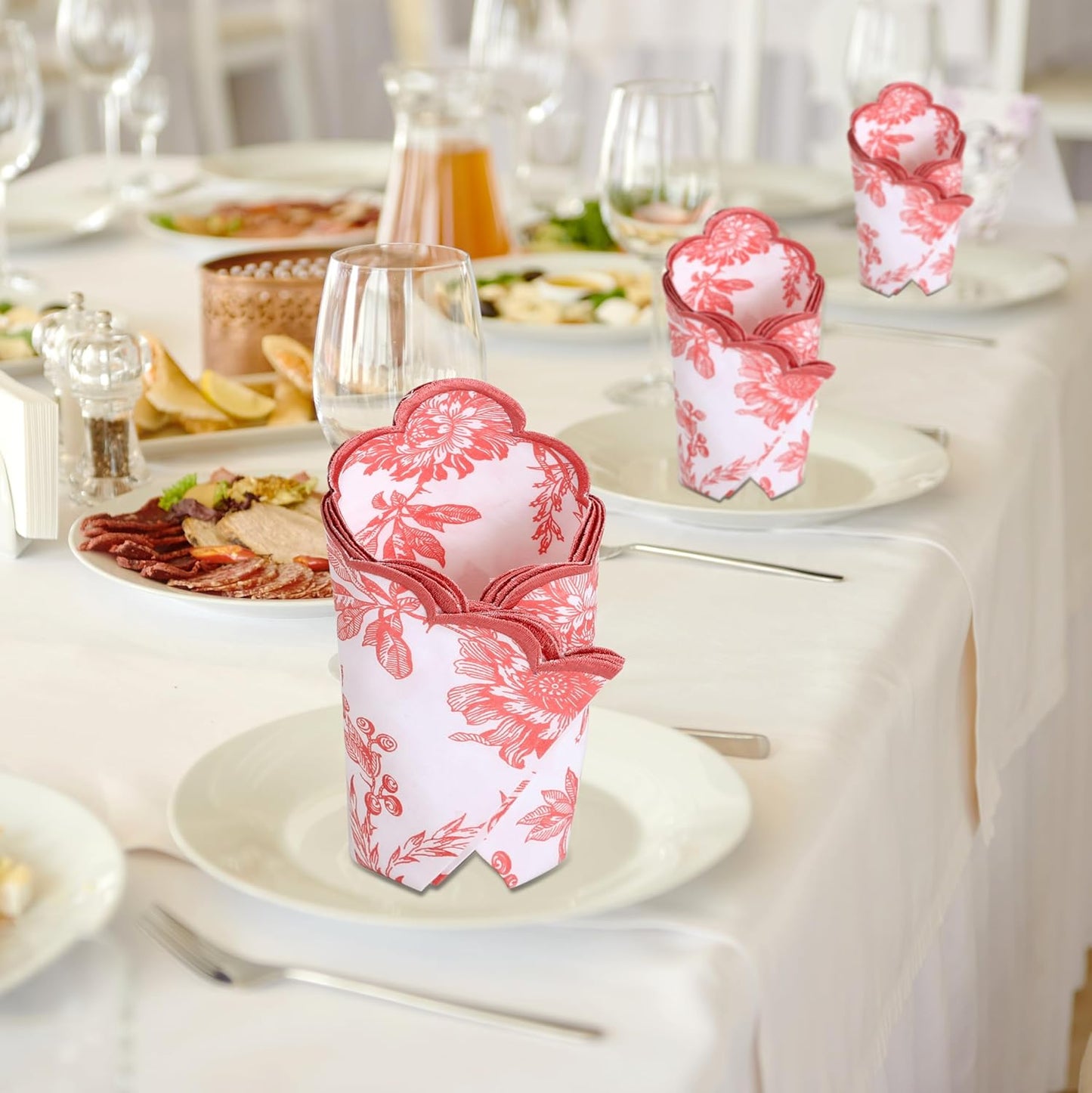 Ridhi Peach Coral Hand Block Print Napkins 18" x 18" Set of 4 Reusable Cotton Dinner Napkins for Weddings, Parties & Everyday Dining, Thanksgiving, Christmas, Fall