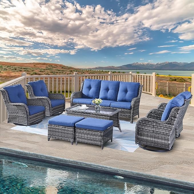 Belord Wicker Patio Furniture Sets - 8 Piece Rattan Outdoor Furniture Conversation Sets with 4 Swivel Rocker Chairs, Rattan Sofa, Wicker Ottomans and Coffee Table, Mixed Grey/Blue