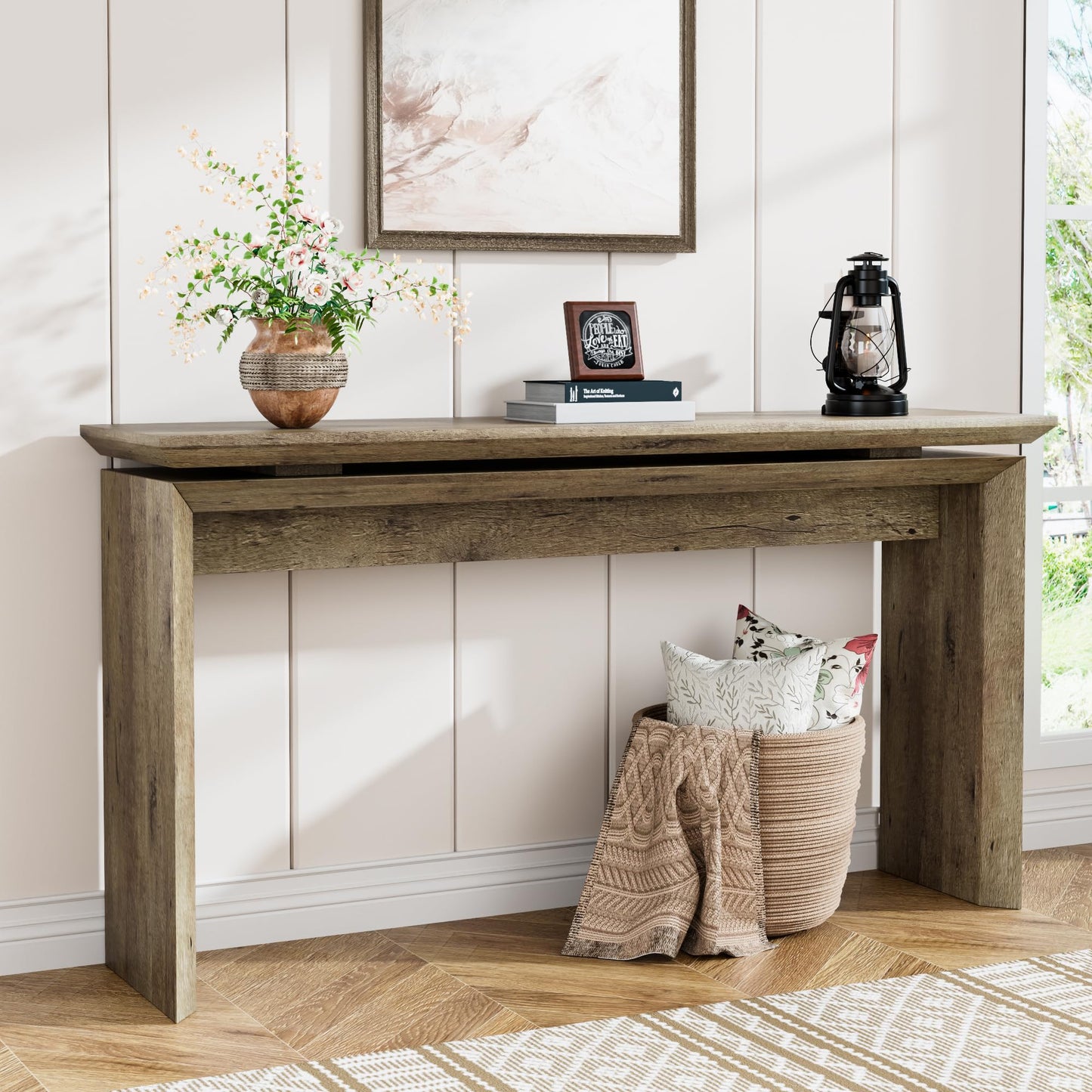 Long Console Table 58 Inch, Farmhouse Hallway Entryway Table, Narrow Wood Sofa Table Behind Couch, Entrance Entry Way Furniture for Living Room, Foyer, Large, Easy Assembly