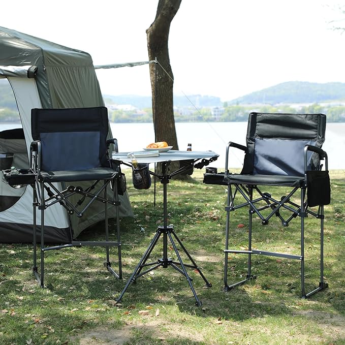 Stonehomy Tall Folding Directors Chairs 2Pack & Adjustable Height Folding Table Set,Portable Outdoor Bar Table & Foldable Director Chairs with Makeup Pocket for Backyard,Beach,Travel with Storage Bag