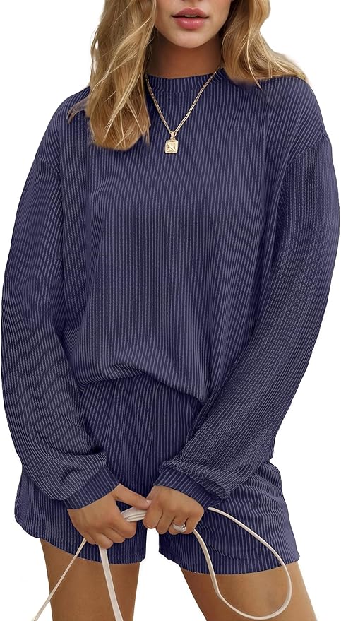 Ekouaer 2 Pieces Lounge Set for Women Long Sleeve Pajamas Top and Shorts Matching Sets Outfits with Pockets