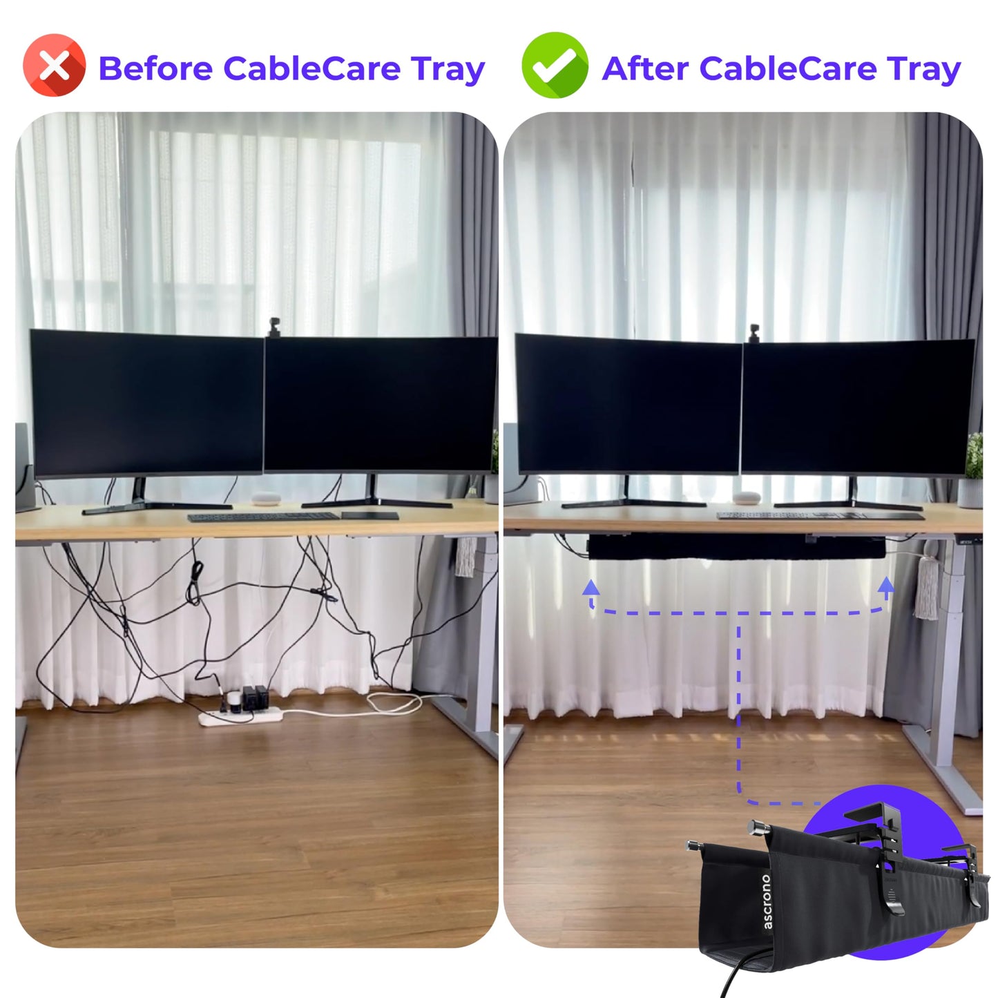Ascrono Original No Drill Under Desk Cable Management Tray 27.3" - Premium Black Fabric Cable Management Under Desk - Clamp/Screw Mount Cord Organizer - Supports Upto 66lbs