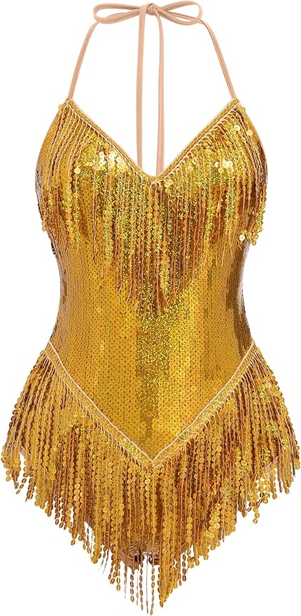 IBAKOM Sexy Sequins Fringe Bodysuit Halter Lace Up Back Jazz Latin Dance Tassel Leotard Acrobat Costume Rave Concert Outfits