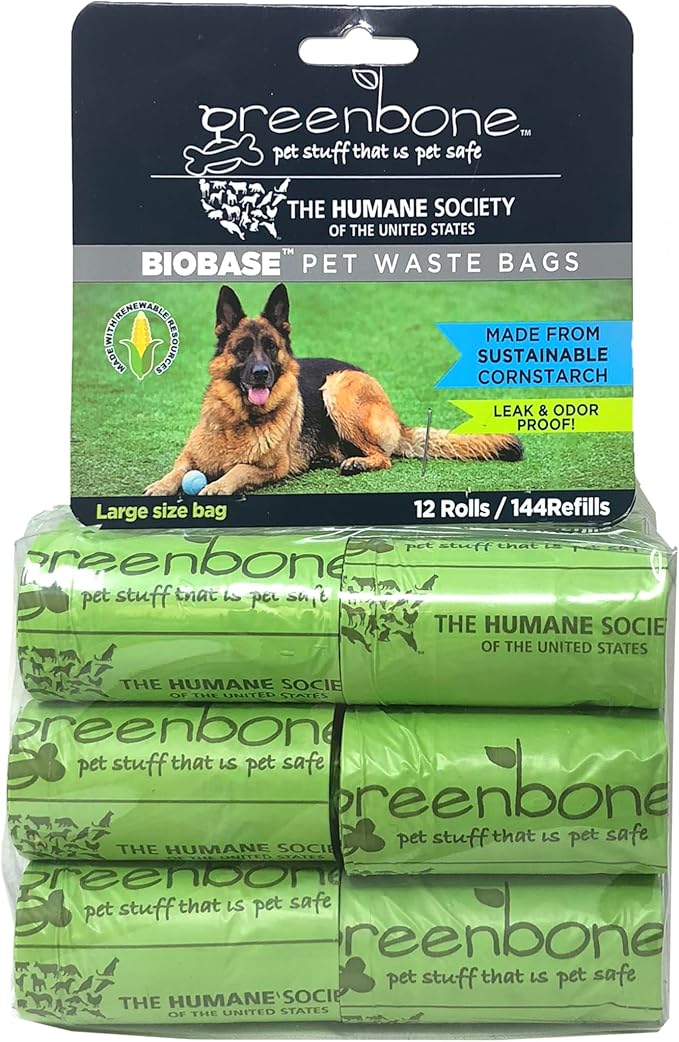 The Humane Society by Greenbone Biobase Pet Poop Bags - 12 Rolls - 144 Refills - Leak Proof 13 inch x 9 inch