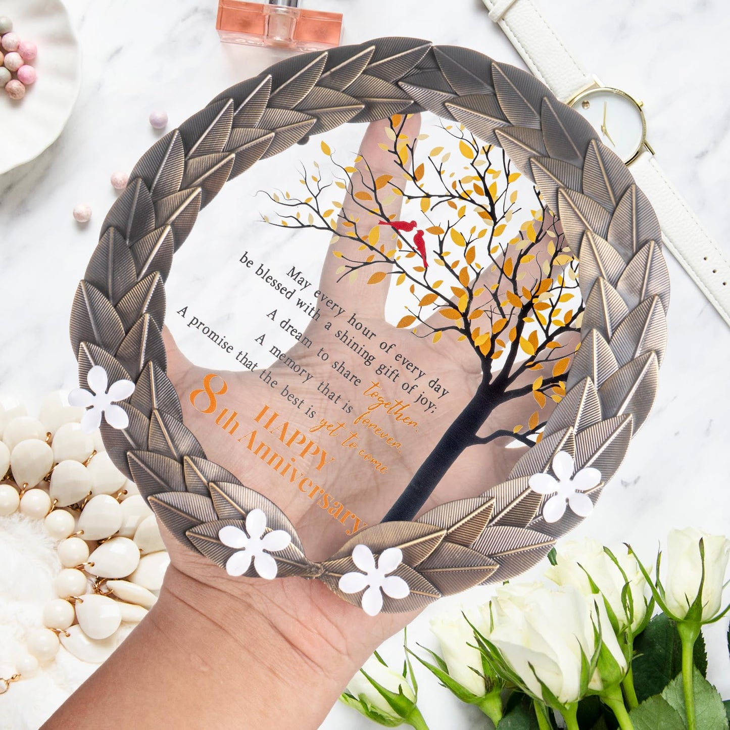 8th Anniversary Wedding Gifts Crystal Plate with Bronze Leaf Wreath - 8 Years Anniversary Wedding Unique Gifts Ideas for Parents Couple - Cardinal Style