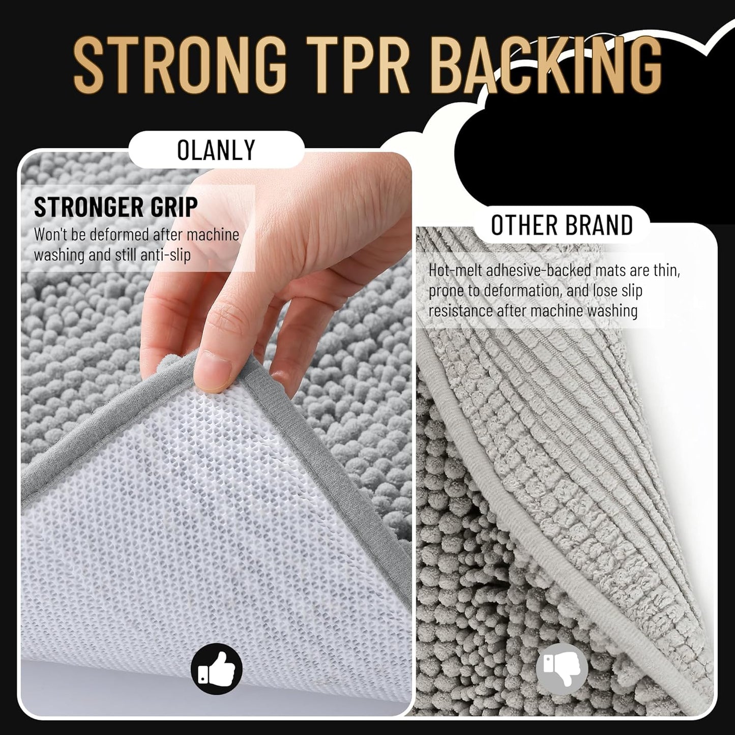 OLANLY Thick Bathroom Rugs 44x24, Extra Soft Absorbent Chenille Striped Bath Rugs, Rubber Backing, Machine Wash Dry, Bath Mats for Bathroom Floor, Tub and Shower, Home Decor Accessories, Light Grey