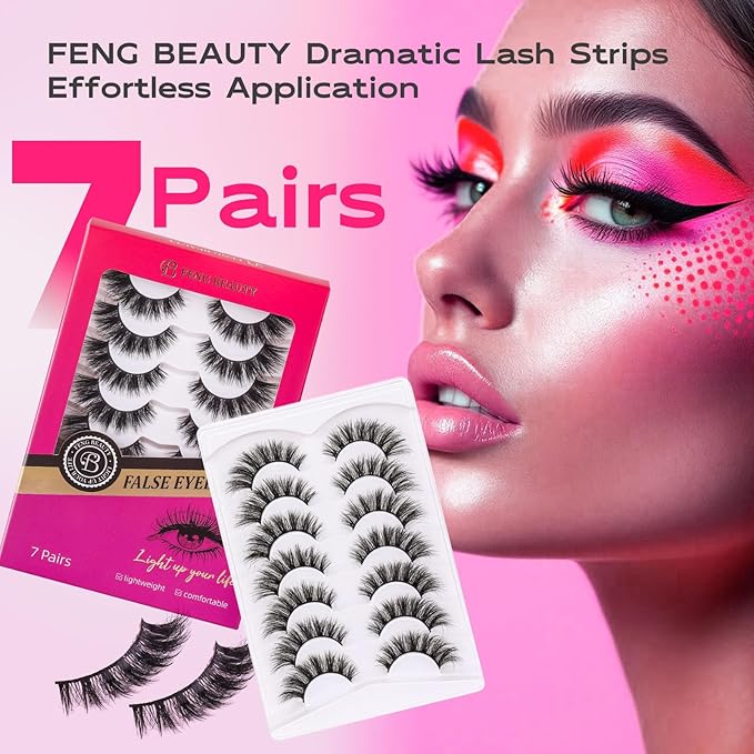 Dramatic Cat Eye lashes - Fluffy Volume False Eyelashes with Lightweight Comfort, Easy Apply Winged Style (8-16mm), Reusable Glam Lashes for All Eye Shapes, 7 Pairs Full-Strip Lashes