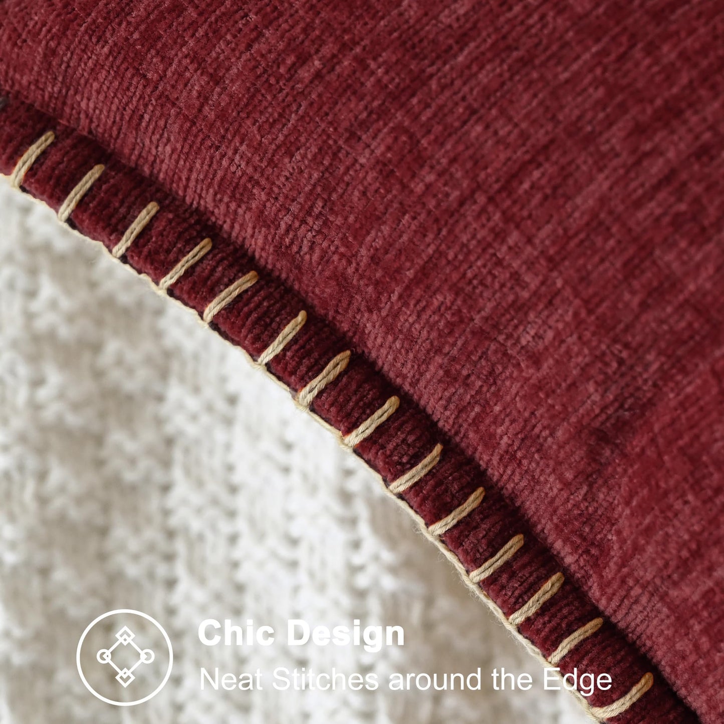 CaliTime Throw Pillow Covers Decorative 18 X 18 Inches Pack of 2 Cotton Thread Stitching Edges Solid Dyed Soft Chenille Cushion Cases for Couch Sofa Bed Living Room Farmhouse Burgundy