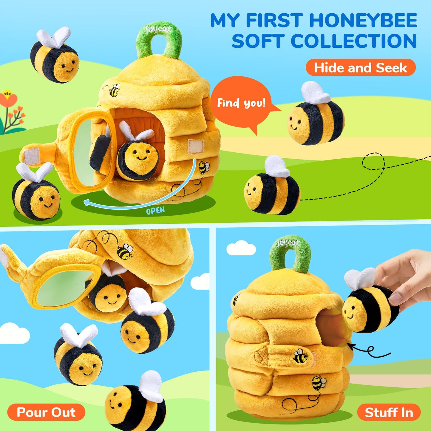 JoyCat Baby Toys 6-12 Months - Soft Baby Beehive with 5 Sensory Bees - Rattle, Crinkle Paper, Squeaker, Mirror, Busy Montessori Soft Toys for Toddlers 0-3 Years Old - Bee Plush Boy Girl Birthday Gift