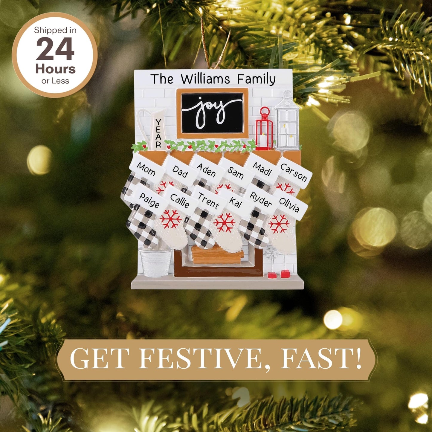 Personalized Large Family of 12 Ornament 2025 | Free 24h Customization | Laser Engraved Fireplace Christmas Ornaments for Tree | Custom Gift Wrapped Mantel with Stockings Keepsake for Twelve Persons