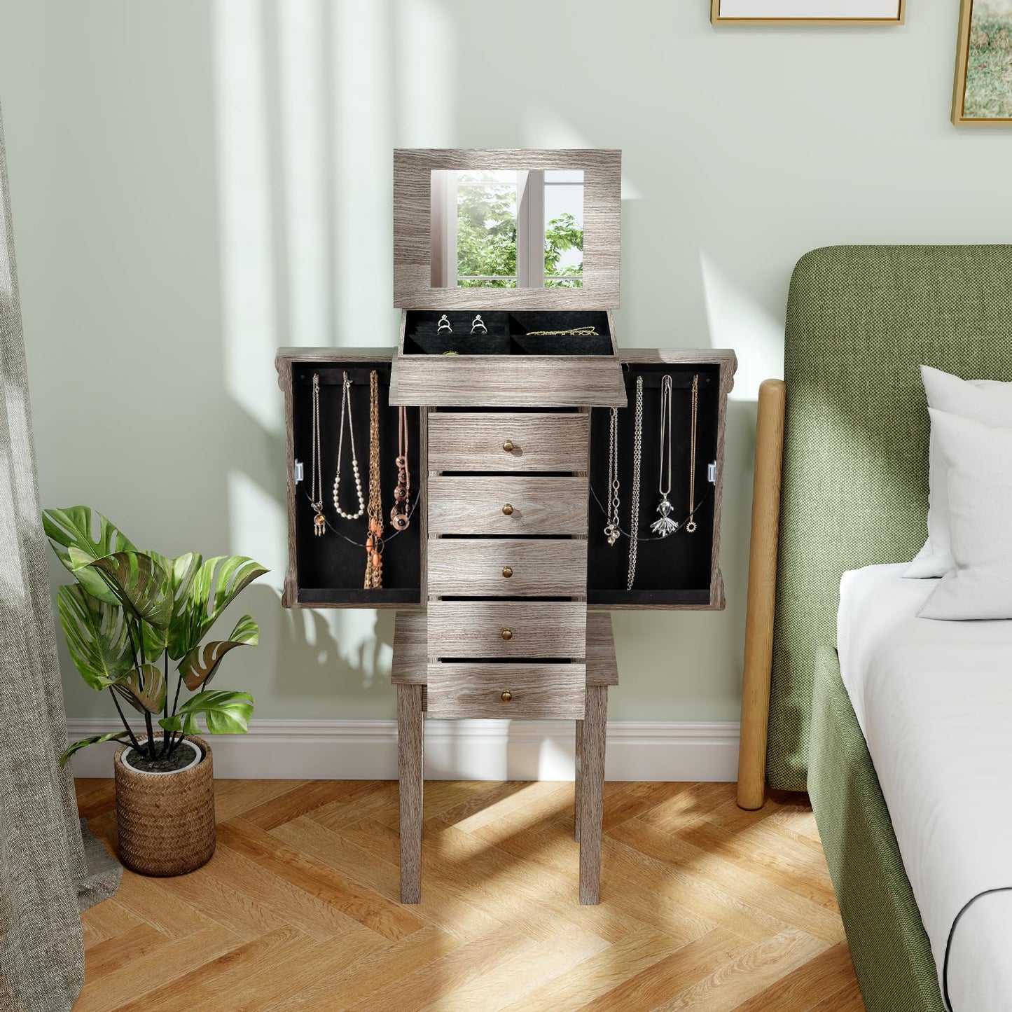 COSTWAY Standing Jewelry Armoire Cabinet, Wooden Jewelry Storage Chest with 5 Drawers, 2 Side Doors & Flip Top Mirror, Jewelry Cabinet with Top Divided Compartments for Women, Girls, Grey