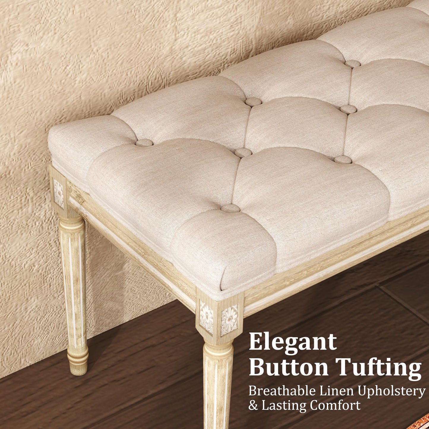 Yusong Upholstered Bench,Bedroom Bench for End of Bed,Piano Bench Dining Bench Entryway Shoe Bench with Button Tufted Padded Seat for Living Room, Vanity Bench Foot-Stool with Carved Wood Legs,Beige