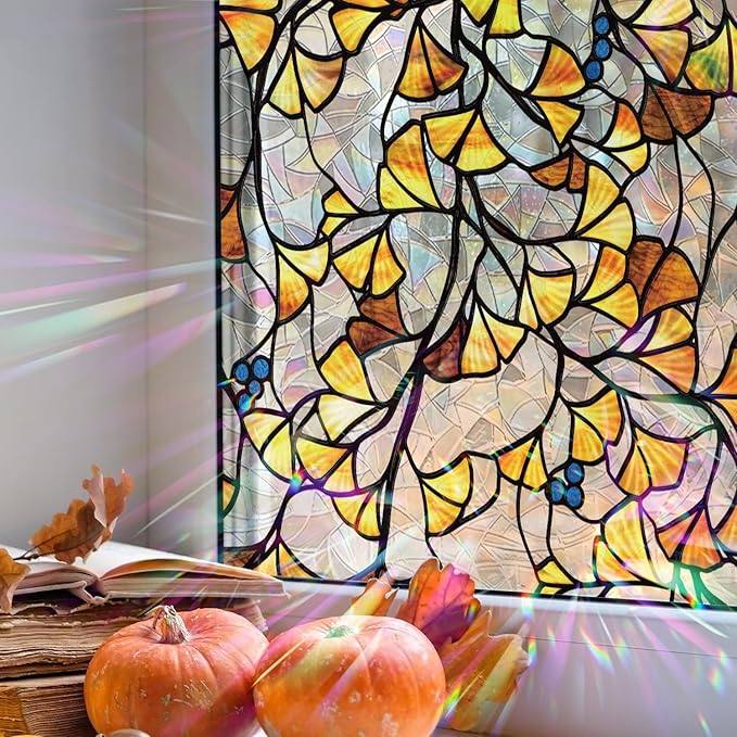 Fall Stained Glass Rainbow Window Privacy Film Autumn Leaf Window Cling, Stained Ginkgo Leaves, 39.37" x 16.93"