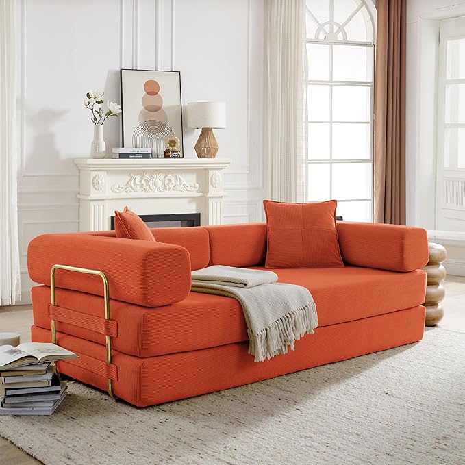 Convertible Couch Sofa Bed Foldable Floor Sleeper | Modern Fold Out Deep Seat Couch | Removable Backrest & Armrests | No Assembly Compression Sofa Sleeper for Living Room, Bedroom | Orange Corduroy