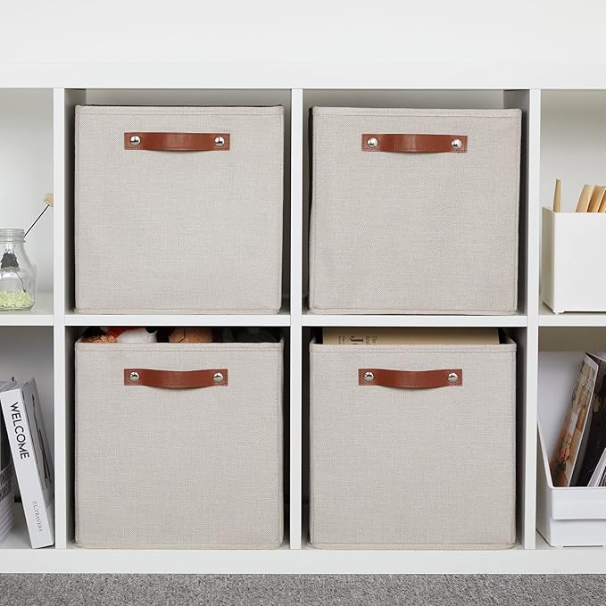 DULLEMELO 12inch Cube Storage Baskets for Shelves Closet Storage,Sturdy Home Organization Bins for Gifts Empty,Foldable Fabric Storage Cubes Baskets for Nursery Toys Clothes Storage(Beige-4 Pack)