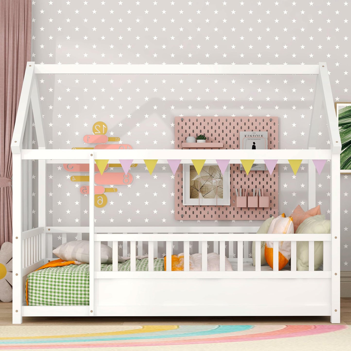 Kids Montessori Bed Twin Size, Twin Floor Bed with High Fence, House Beds for Kids, Girls, Boys, Wood Montessori Floor Beds Without Slats(White Twin)