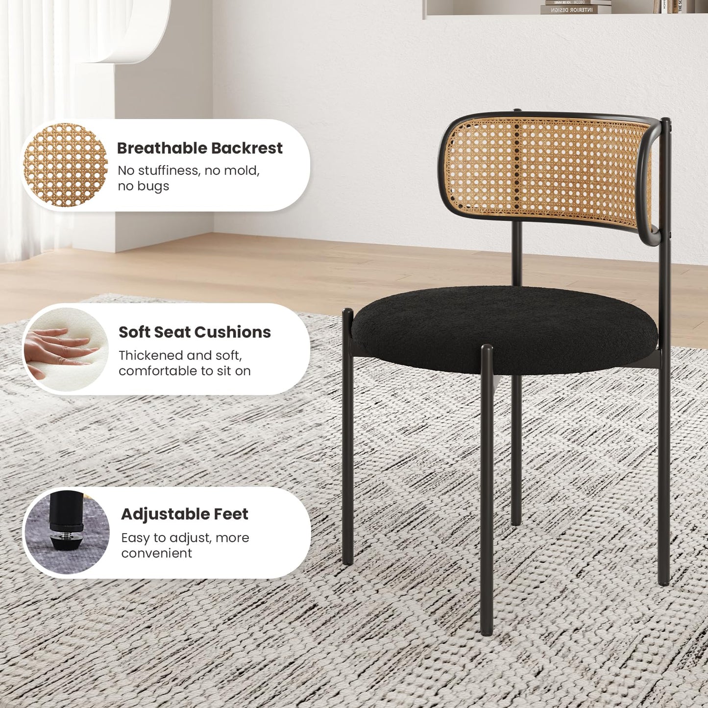 Farini Modern Upholstered Dining Chairs Set of 4,Rattan Back Dining Room Chairs,Accent Kitchen Chairs with Metal Legs,Black
