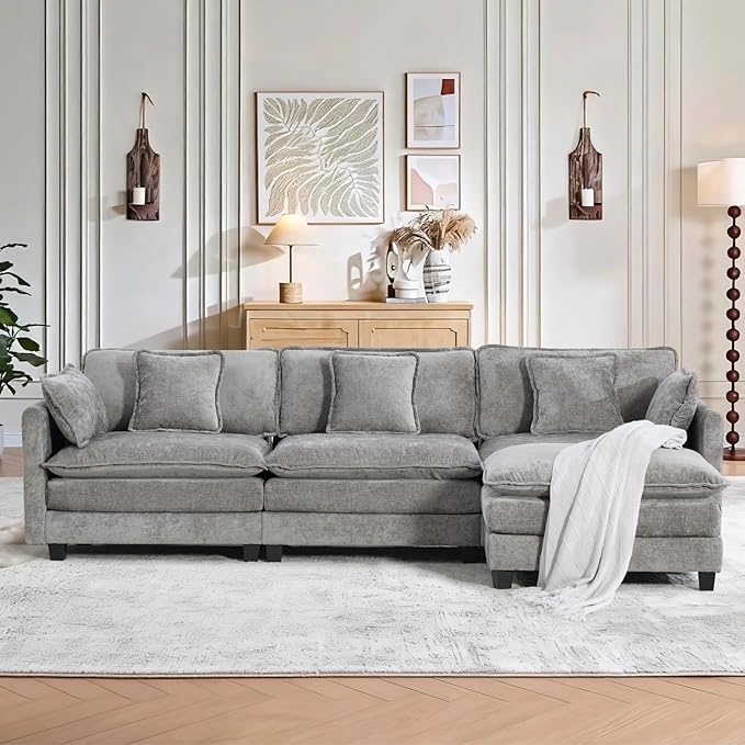 SoarFlash 113.78" Chenille Sectional Sofa, Comfy L Shaped Modular Coush Sofa with Ottoman, Modern 4 Seat Couch Deep Seat Sofa Set for Living Room,Grey