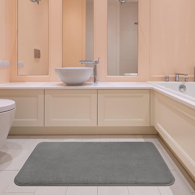 American Soft Linen 21x32 Fluffy Foamed Slip Reducer Bath Rug, Machine Washable Area Bath Mat Rugs for Bathroom, Gray