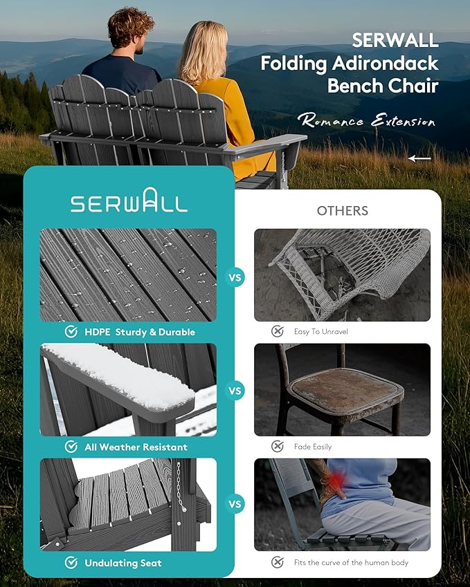 SERWALL 3 Pieces Patio Adirondack Bench Set, 2 Folding Adirondack Bench and 1 Coffee Table Set for Front Porch Garden Balcony Backyard, Grey