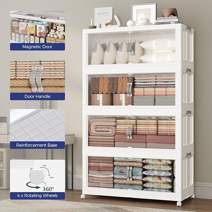 150GAL Plastic Storage Bins with Lid, 600QT Extra Large Stackable Closet Organizers and Storage, Collapsible Storage Boxes with Wheels, Folding Cabinet for Home Kitchen Office, 5Pack White