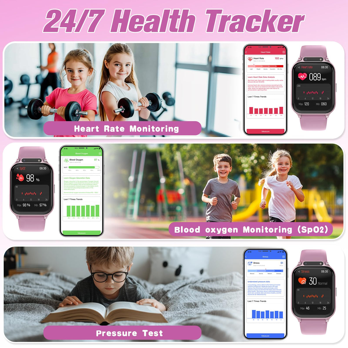 Smart Watch for Kids 1.85" with Fitness Tracker, Sleep Monitor, 22/100+ Sport Modes, DIY Dial, IP68 Waterproof, Step Counter, Heart Rate, Camera, with/Without APP, Gift for 3-12 Years Old Girls