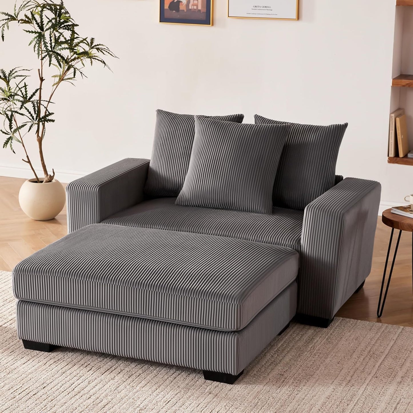Mangodan 58.3" Oversized Chaise Lounge Indoor for Living Room, Solid Wood Comfy Sleeper Reclining Chair with Thickened Cushions Widened Armrests for Bedroom, Deep Seat Lounge Chair with Ottoman, Grey