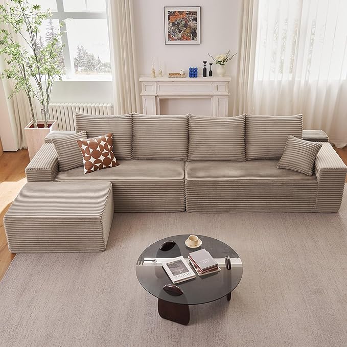 140" Sectional Cloud Couch for Living Room, Modular Floor Deep-Seat Sofa, Big Comfy Corduroy Couches Set with Fluffy Memory Foam, Stupendous L Shaped Sofas, No Assembly Required, Camel