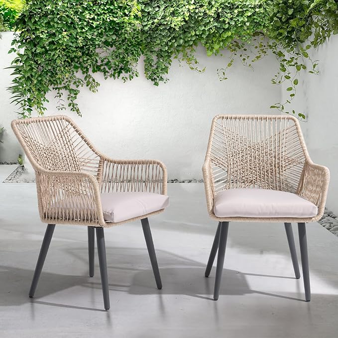 Patiorama Patio Dining Chair Set of 2, Woven Rope Outdoor Dining Chairs w/Steel Frame, All-Weather Twisted Rattan Chairs w/Armrest & Cushion, Outdoor Dining Wicker Chairs for Backyard Garden(Beige)