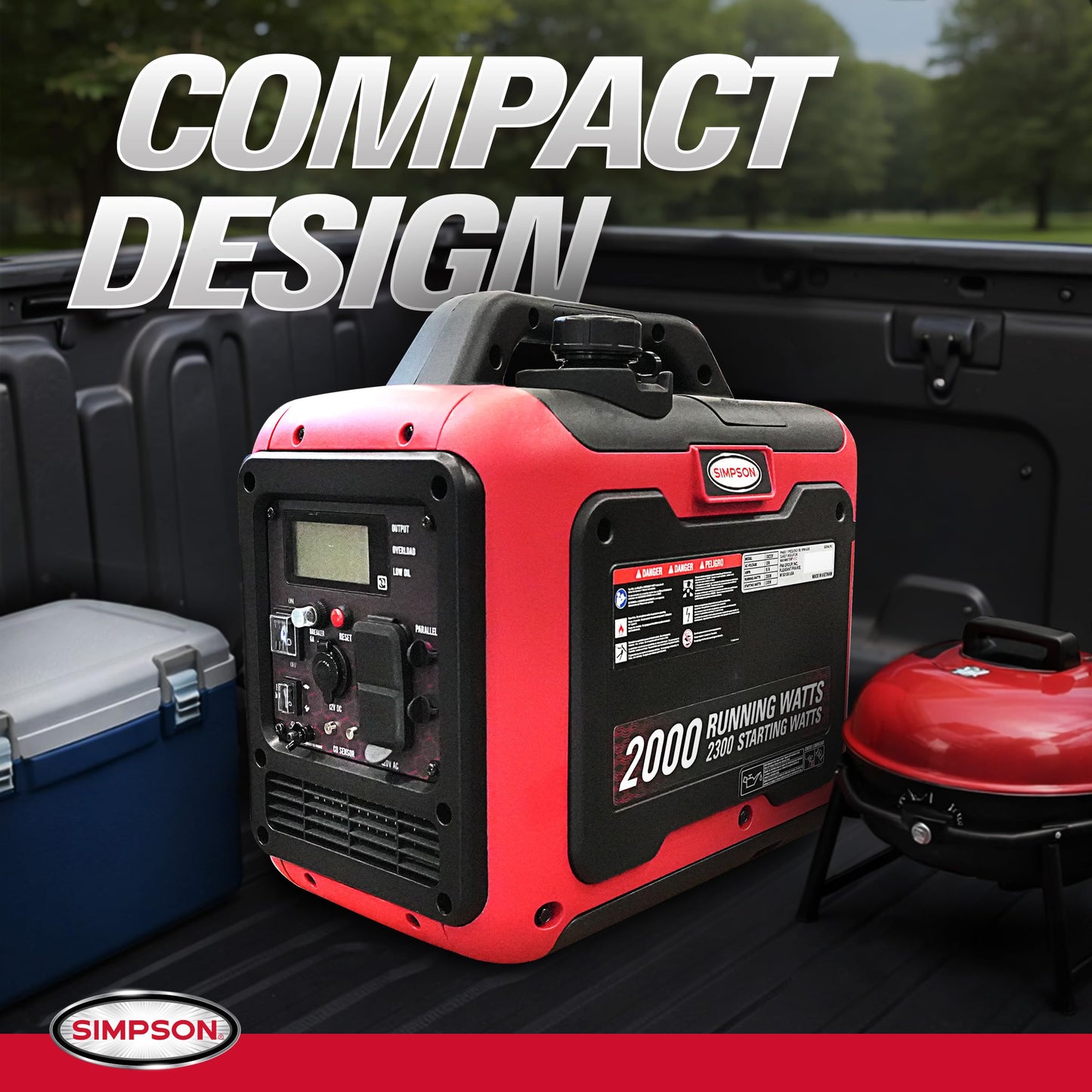 Simpson 2300 Watt Inverter Generator, Quiet Portable Inverter Generator with Handle, 2 GFCI Outlets for Power Tools, Camping, and Tailgating, 2000 Running Watts, Parallel Capable, CO Sensor (SIG2320)