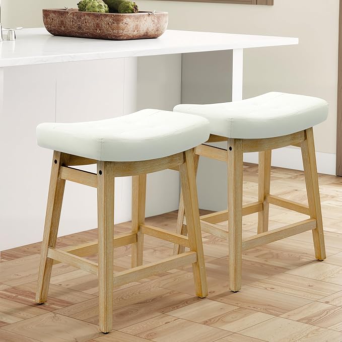 RNKSFX Counter Height Bar Stools Set of 2 for Kitchen Counter Backless Farmhouse Kitchen Island Barstools with Upholstered Faux Leather Saddle Seat and Solid Wood Legs Modern 24 inch Bar Chairs, White