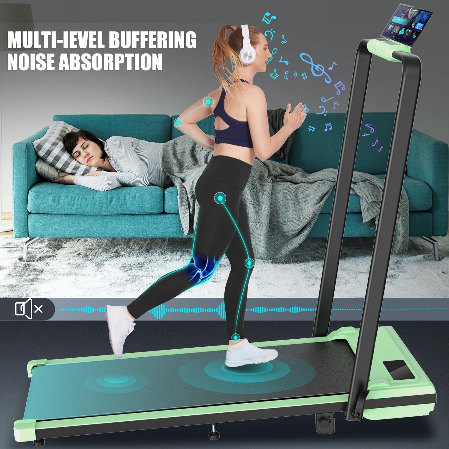 Folding Treadmill with Incline,4 in 1 Foldable Walking Pad with Handle Bar,Under Desk Treadmill for Home Office,Walking Pad 300LBS Weight Capacity/Dual Control/LED Display (Green)