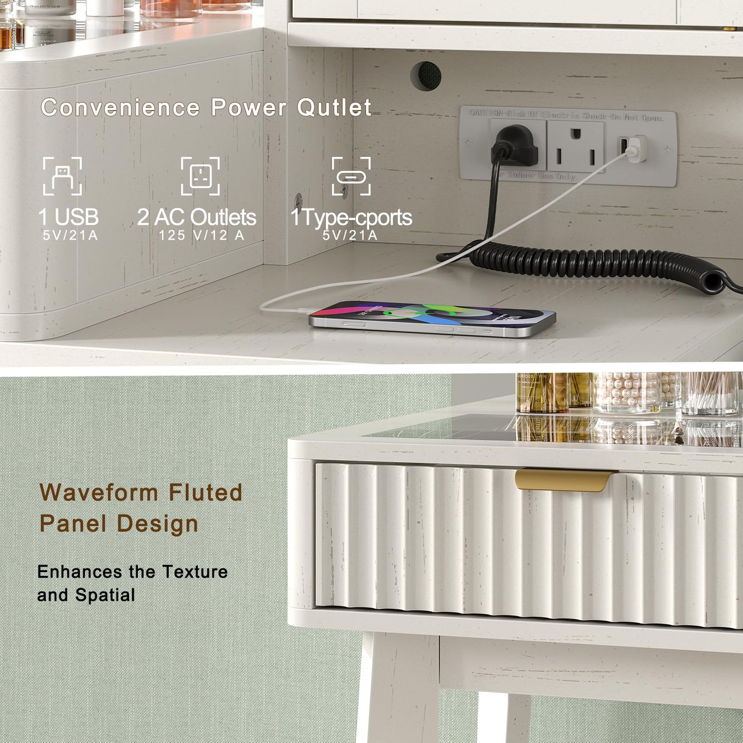 CollaredEagle Fluted Makeup Vanity Desk with 36" 11 LED Lights Mirror, 48" Big Modern Vanity Desk with 5 Drawers and Storage Shelves & Power Outlet, Glass Top for Bedroom, White
