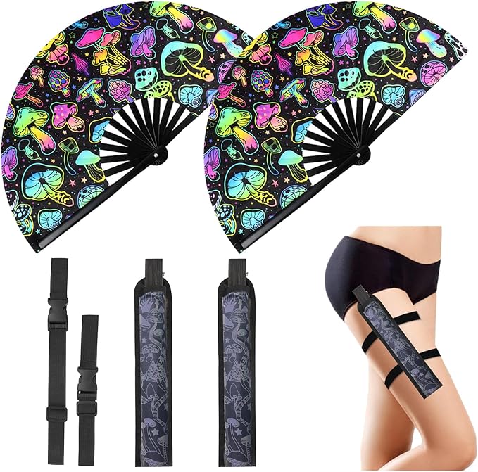 FEFURS 2PCS UV Glow Rave Fan,13in Large Folding Hand Rave Fan with 2 Rave Fan Thigh Holsters,Clack Fan for Line Dancing,Mu...