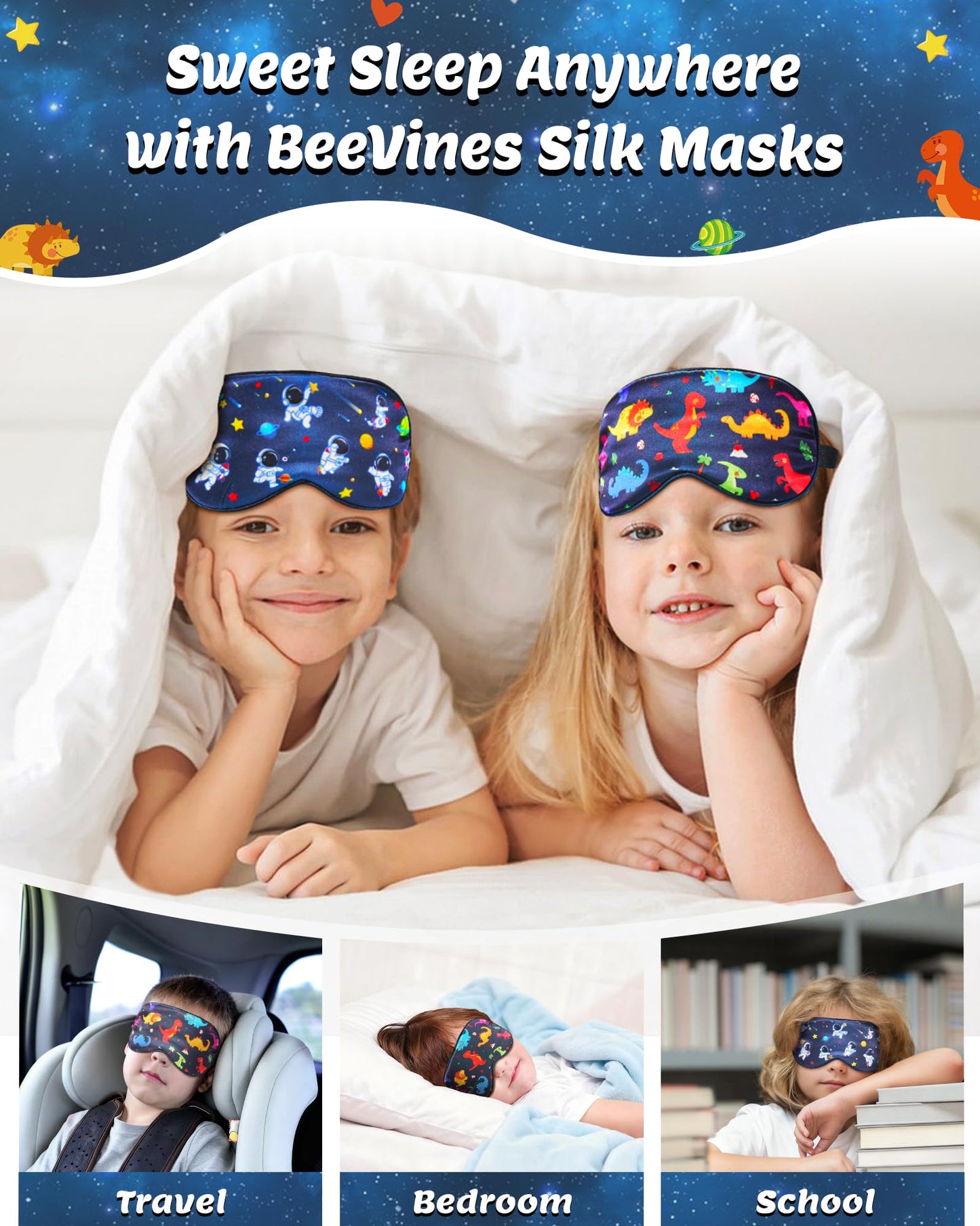 BeeVines Kids 100% Real Mulberry Silk Sleep Mask 2 Pack, Original Design Pure Silk Sleeping Eye Masks for Boys, Skin-Friendly Blackout Eye Cover, Adjustable Strap, Reduce Puffy Eyes, for Travel Gifts