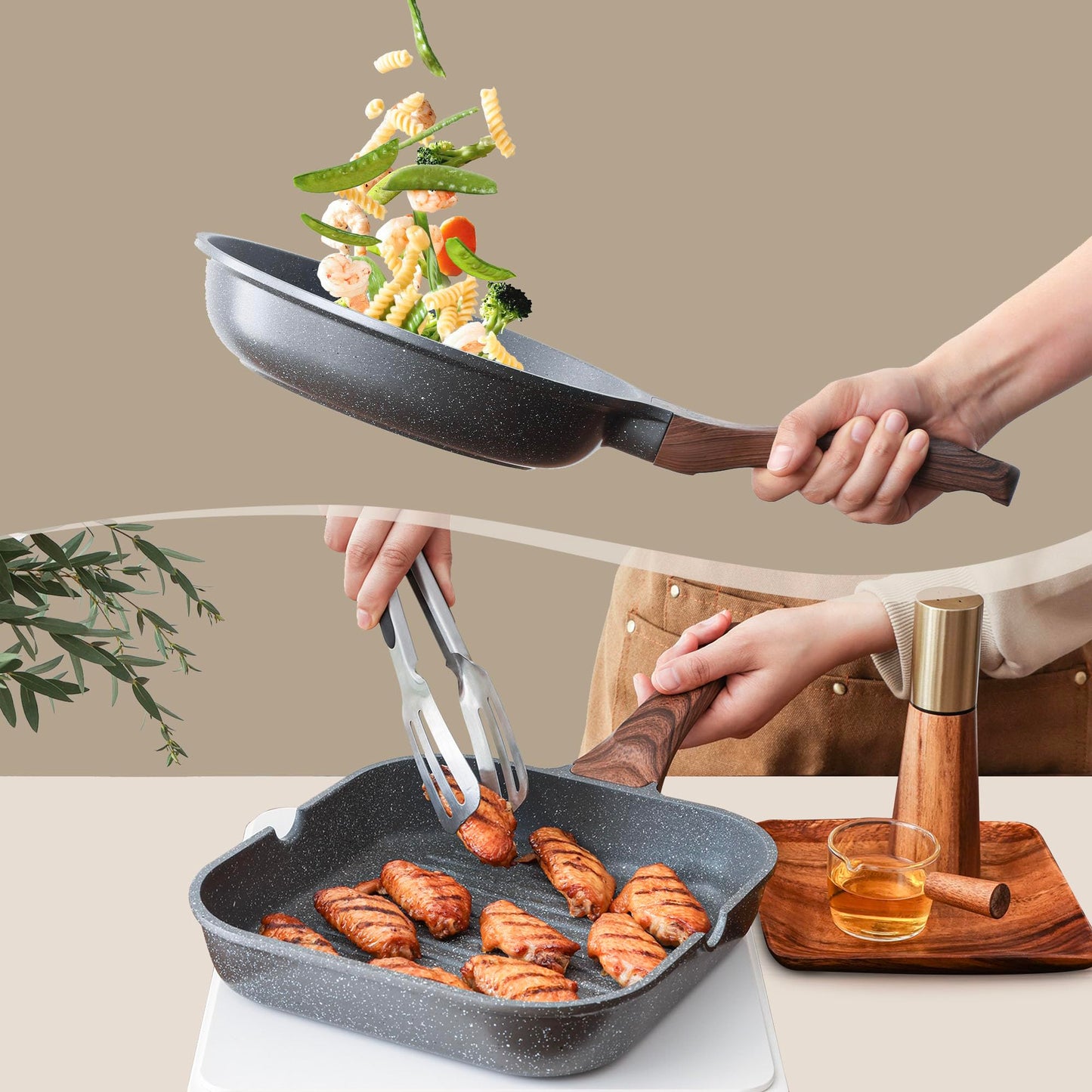 SENSARTE Nonstick Granite Cookware Set, 23 PCS Pots and Pans Non Toxic, PFOA & PFOS Free, Healthy Non Stick Granite Stone Coating Kitchen Cooking Set with Stay-Cool Handles, Gray