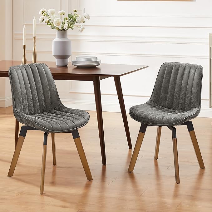 Art Leon Swivel Dining Chairs Set of 2, Mid Century Modern Kitchen Dining Room Chairs, Upholstered Faux Leather Armless Side Chair with Wood Legs for Living Room Bedroom, Gray