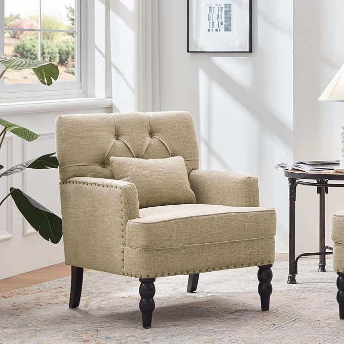 HUIMO Tufted Club Chair,Accent Chair with Lumbar Pillow, Upholstered Button Armchair, Linen Fabric Sofa Chairs for Bedroom, Living Room, Mid Century Modern with Studded Reading Chair Brown