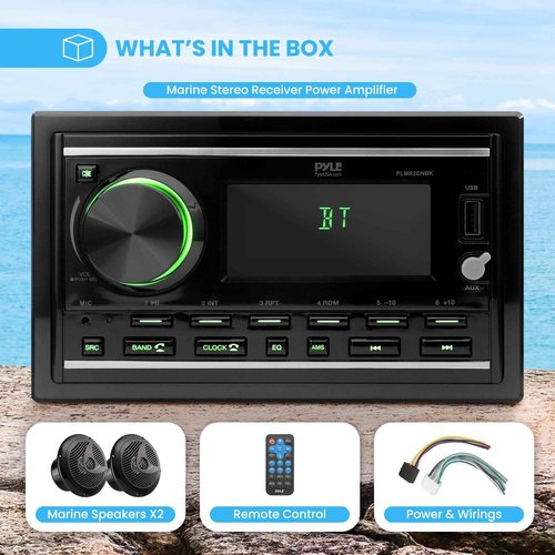 Pyle Boat Bluetooth Marine Stereo Receiver - Marine Head Unit Double DIN Stereo Receiver Power Amplifier & Speaker Kit - Hands-Free Calling, AM/FM/MP3/BT/USB/AUX - Remote, Speakers - Pyle PLMR2DNBK