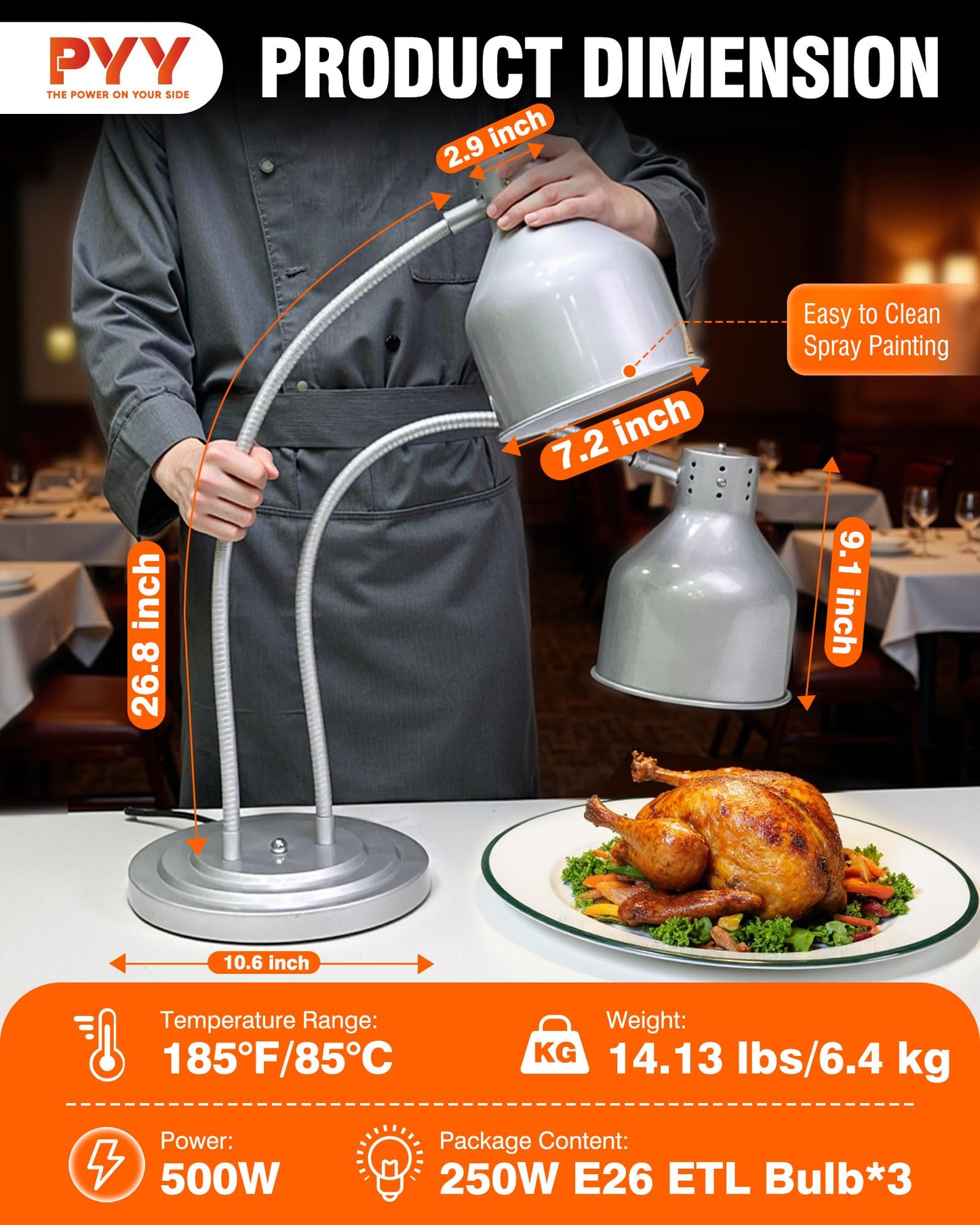 Food Heat Lamp - [3 Bulbs Included] 500W Fast-Heating 2-Head Food Warmer Light, ETL-Certified Heat Lamp for Food, Stainless Steel Heavy Base for Restaurant, Catering, Buffet (Silver)
